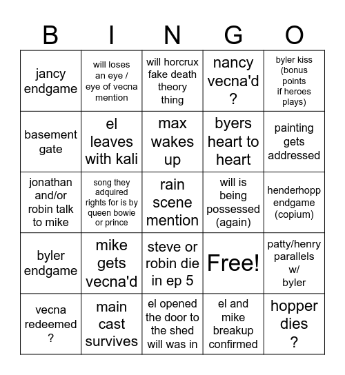 Stranger Things Vol. 2-3 Bingo Card