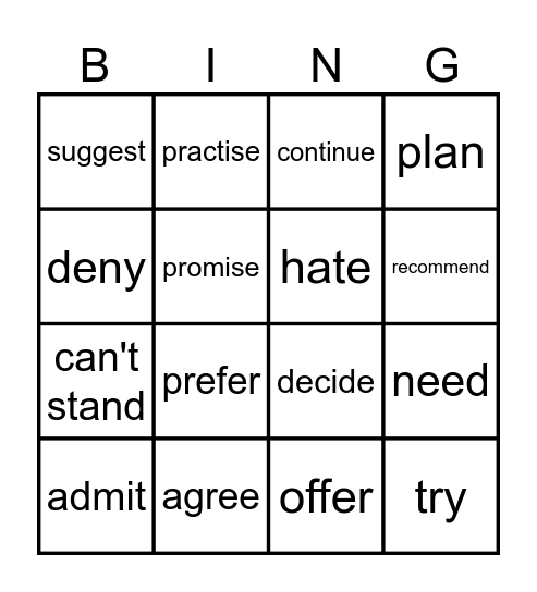 Infinitive Vs Gerund Crosses and Noughts Bingo Card