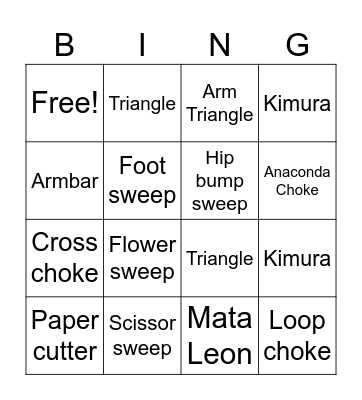 Brazilian Jiu Jitsu Bingo Card