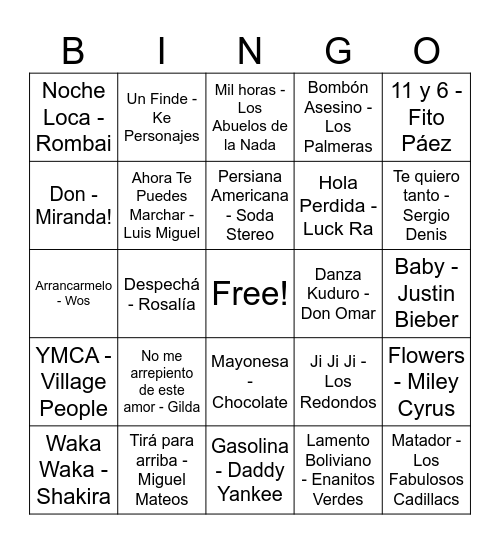 Bingo Musical Bingo Card