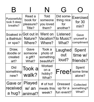 Stress Relief Bingo (When was the last time?) Bingo Card