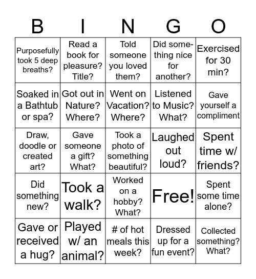 Stress Relief Bingo (When was the last time?) Bingo Card