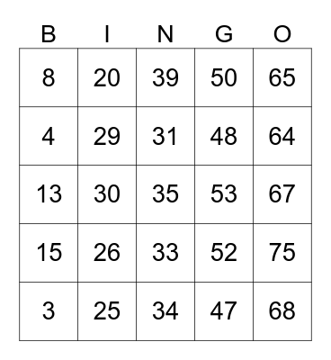 Number Bingo 1-75 Bingo Card