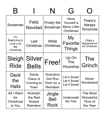 Holiday Song Bingo Card