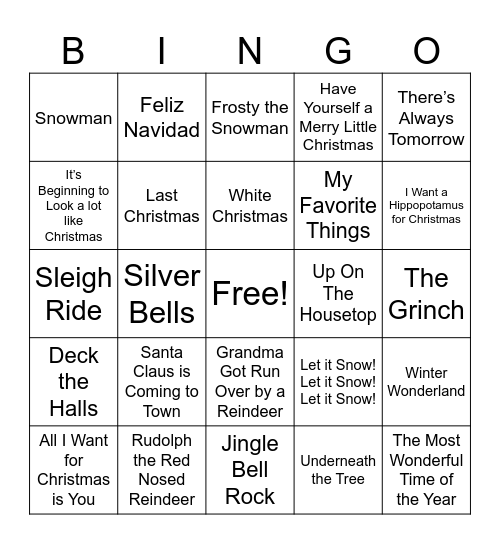 Holiday Song Bingo Card