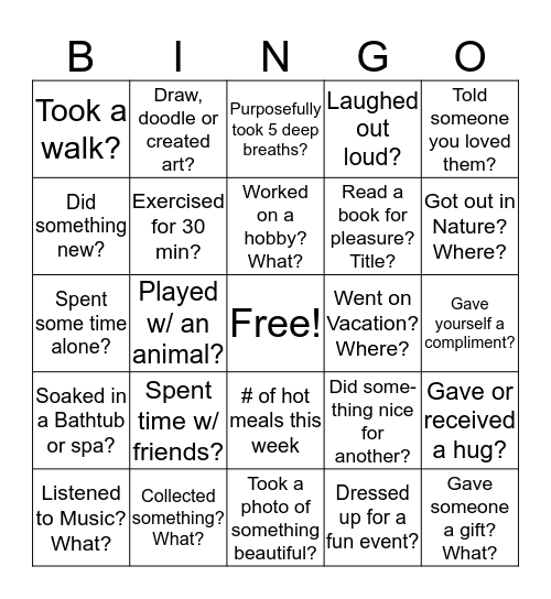 Stress Relief Bingo (When was the last time?) Bingo Card