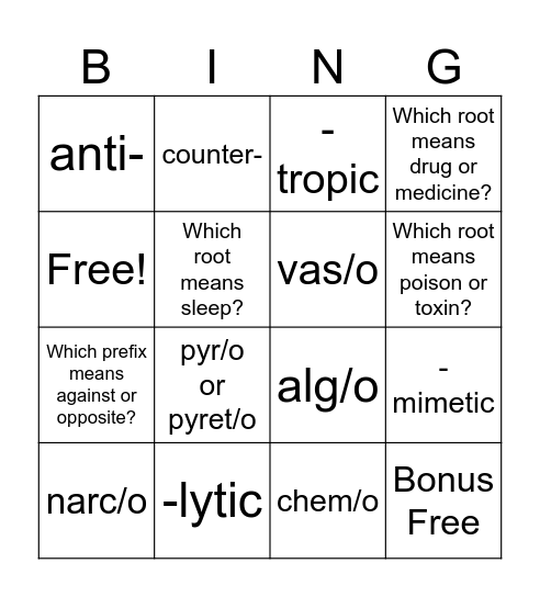 Drugs Medical Terms Bingo Card