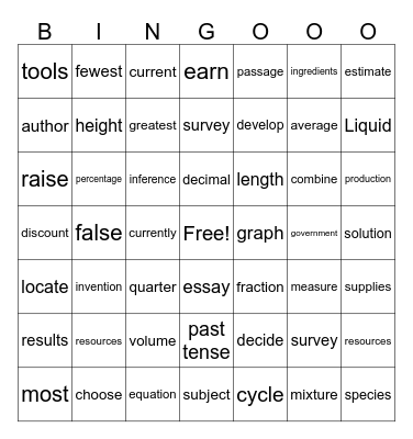 Access Vocabulary Practice Bingo Card