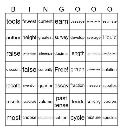 Access Vocabulary Practice Bingo Card