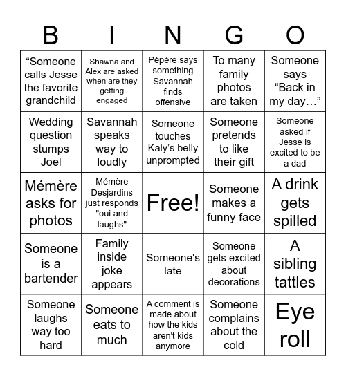 Beaupré's Family Bingo Card Bingo Card