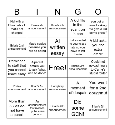Final Exam Bingo Card