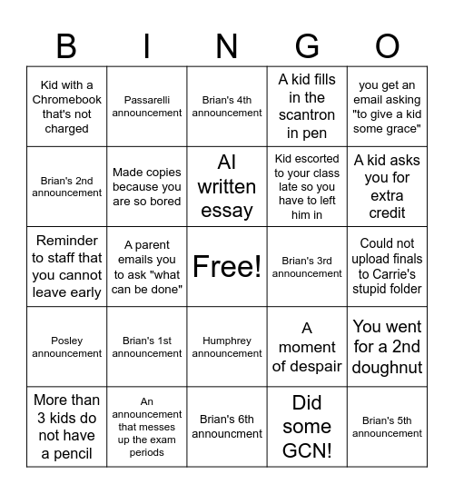 Final Exam Bingo Card
