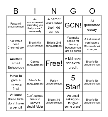 Final Exam Bingo Card