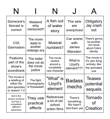 Ninjago Bingo Card