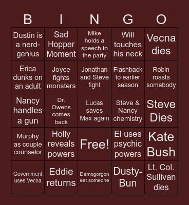 Stranger Things Dec 27th Bingo Card