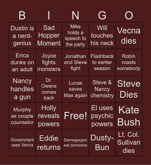 Stranger Things Dec 27th Bingo Card