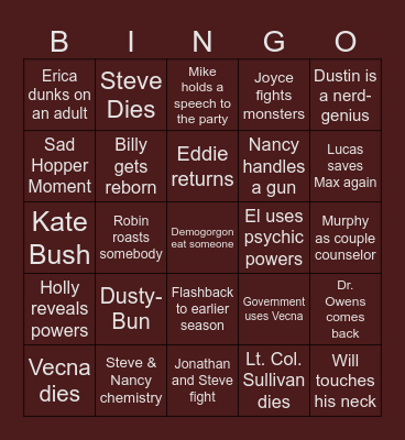 Stranger Things Dec 27th Bingo Card