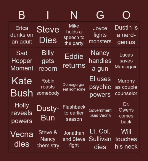 Stranger Things Dec 27th Bingo Card