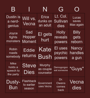 Stranger Things Dec 27th Bingo Card