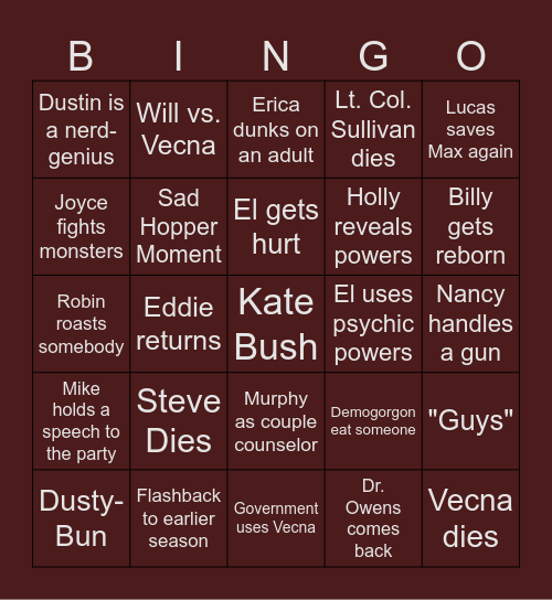 Stranger Things Dec 27th Bingo Card