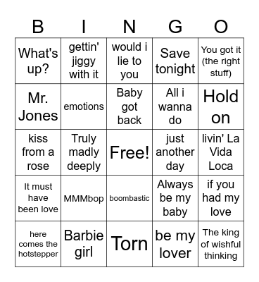 90's chart toppers Bingo Card