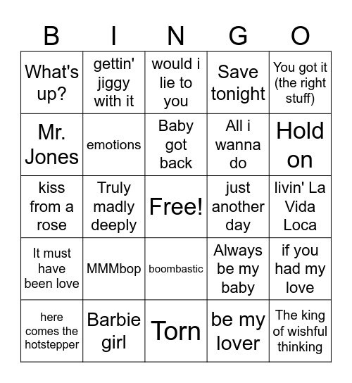 90's chart toppers Bingo Card