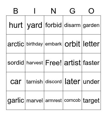 r-controlled words Bingo Card