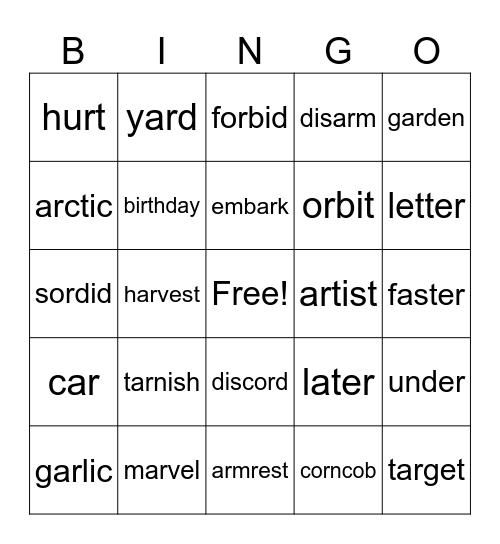 r-controlled words Bingo Card