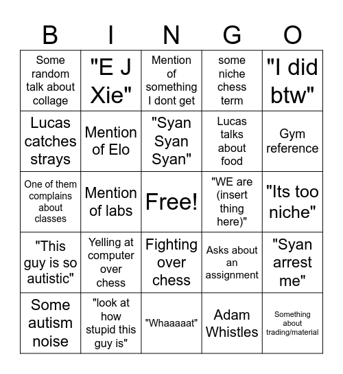 STudy Hall Bingo Card