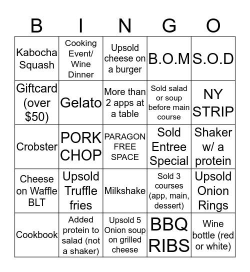 PARAGON TAP AND TABLE Bingo Card