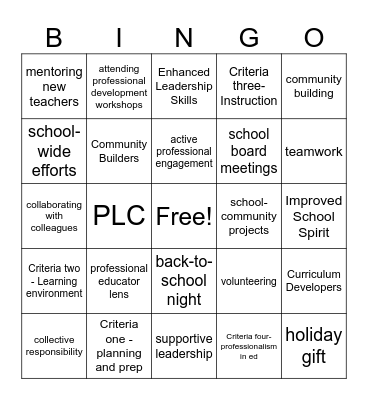 Professional Educator Lens Bingo Card