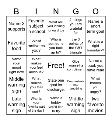 Mental Health Bingo Card