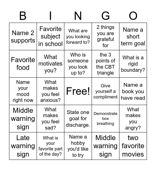 Mental Health Bingo Card
