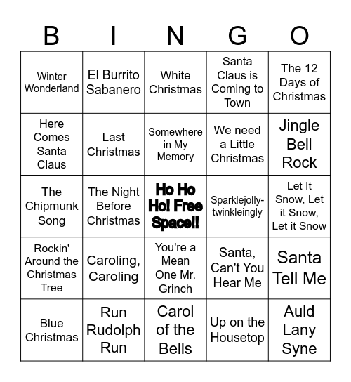 Christmas Song Bingo Card