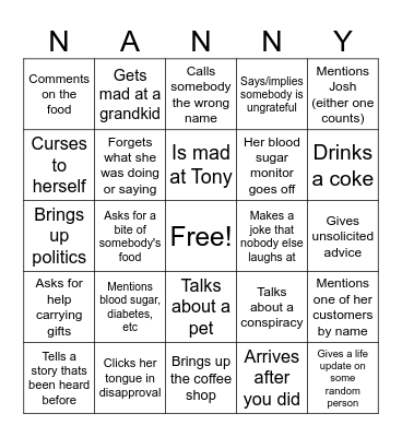 Nanny Bingo Card
