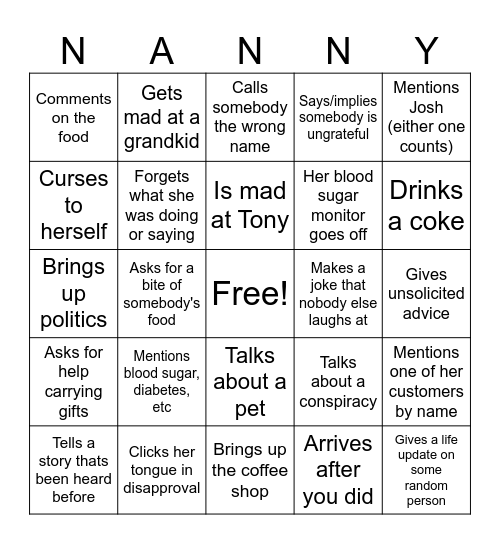 Nanny Bingo Card