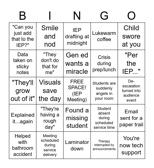 SPED Bingo Card