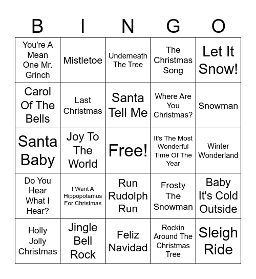 Holiday Music Bingo Card