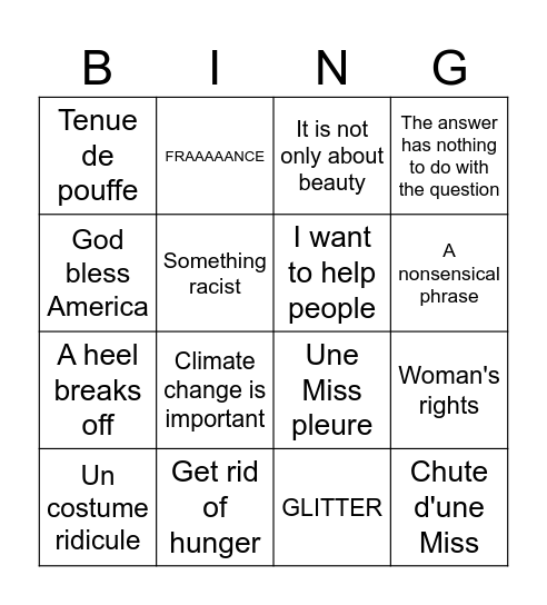 Miss universe Bingo Card