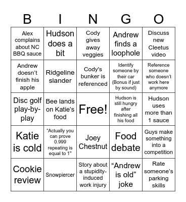 Lunch Bingo Card