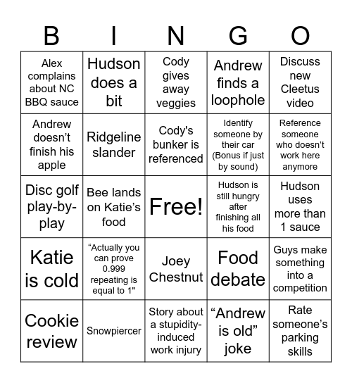 Lunch Bingo Card