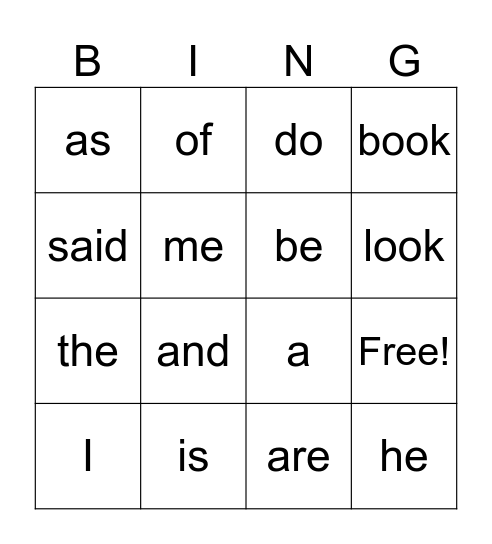 Heart Word Bingo Card