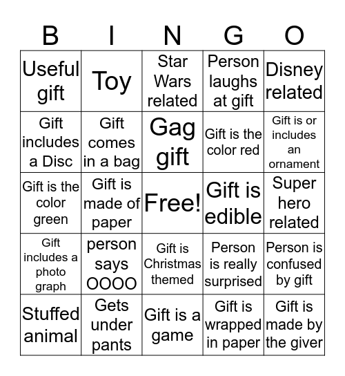 Gift Giving Bingo  Bingo Card