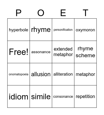 Poetry Bingo Card
