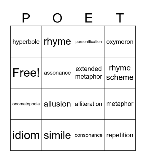 Poetry Bingo Card