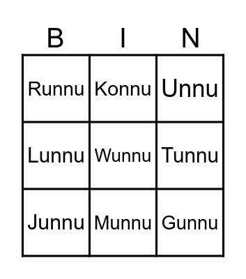Chinnu Munnu Gunnu Bingo Card