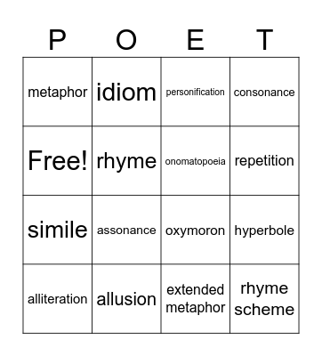 Poetry Bingo Card