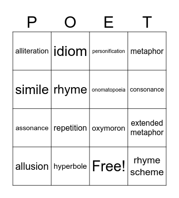 Poetry Bingo Card