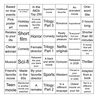 Movie Watching Challenge 2026 Bingo Card