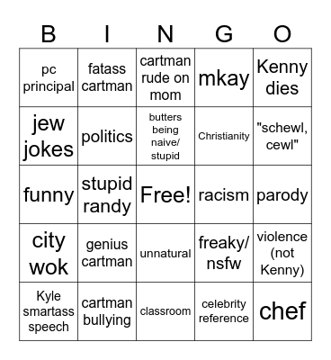 South Park Bingo Card